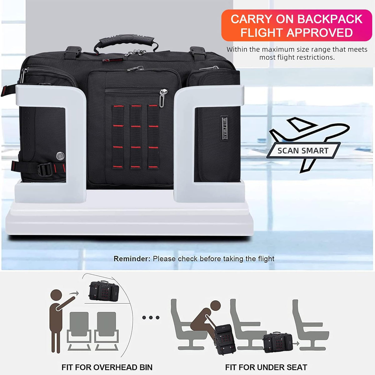 Carry on Travel Backpack for Men Airline Approved Fits 16" Laptop | Nylon 3 in 1 Luggage Duffle Bag with USB Charging Port, Shoe Compartment, For Weekend Getaway, Overnight Trip, B682 Black)