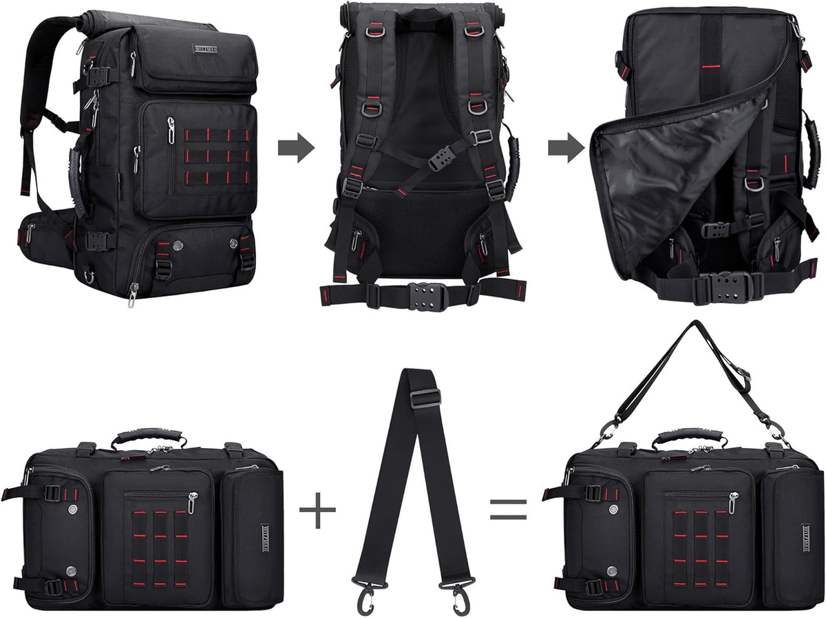 Carry on Travel Backpack for Men Airline Approved Fits 16" Laptop | Nylon 3 in 1 Luggage Duffle Bag with USB Charging Port, Shoe Compartment, For Weekend Getaway, Overnight Trip, B682 Black)