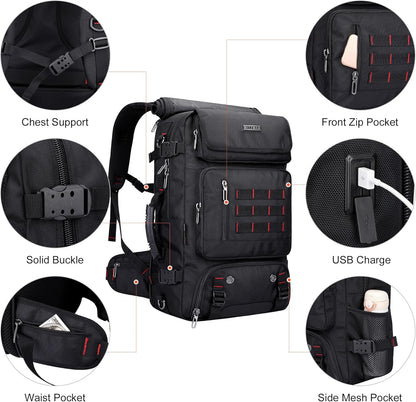 Carry on Travel Backpack for Men Airline Approved Fits 16" Laptop | Nylon 3 in 1 Luggage Duffle Bag with USB Charging Port, Shoe Compartment, For Weekend Getaway, Overnight Trip, B682 Black)