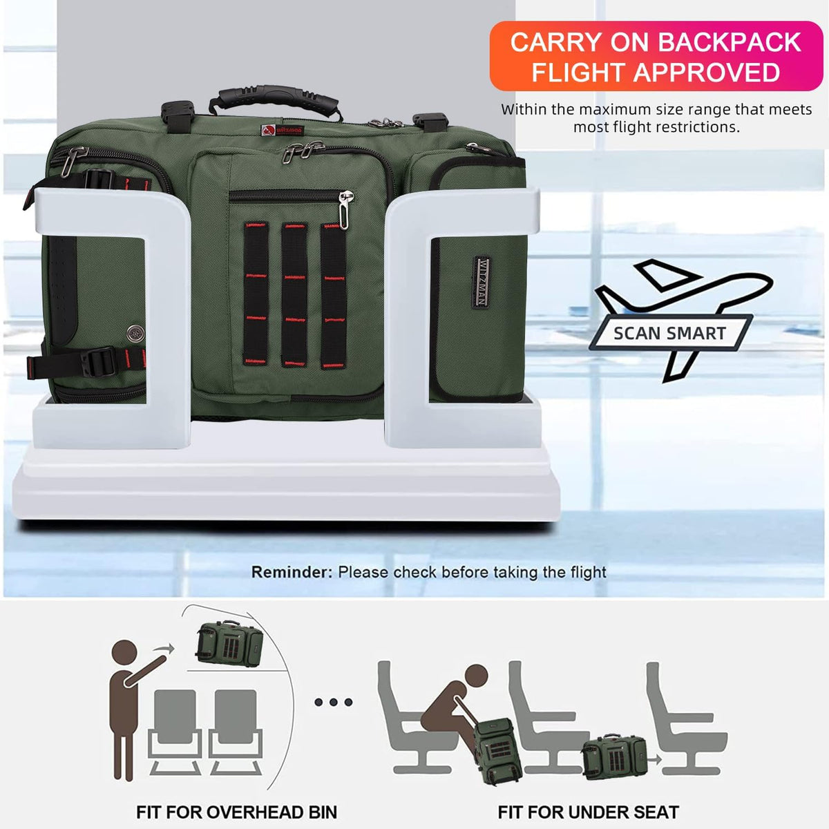 Carry on Travel Backpack for Men Airline Approved Fits 16" Laptop | Nylon 3 in 1 Luggage Duffle Bag with USB Charging Port, Shoe Compartment, For Weekend Getaway, Overnight Trip, B682 Black)