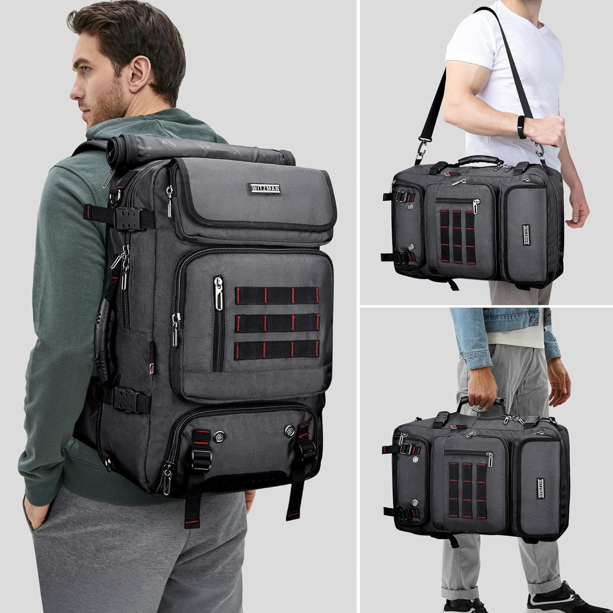 Carry on Travel Backpack for Men Airline Approved Fits 16" Laptop | Nylon 3 in 1 Luggage Duffle Bag with USB Charging Port, Shoe Compartment, For Weekend Getaway, Overnight Trip, B682 Black)