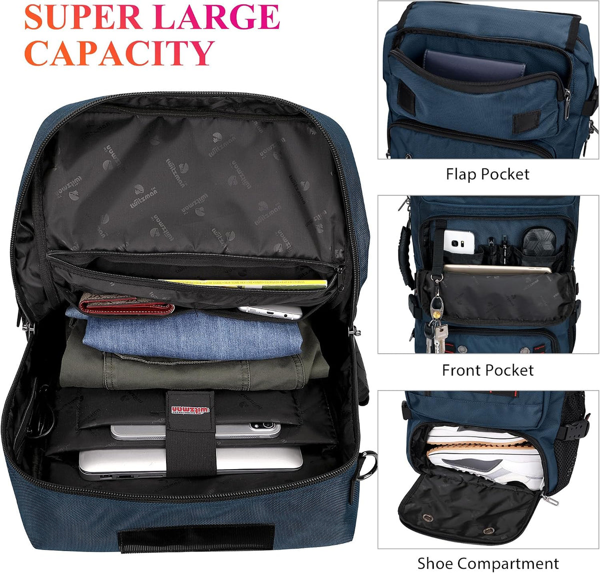 Carry on Travel Backpack for Men Airline Approved Fits 16" Laptop | Nylon 3 in 1 Luggage Duffle Bag with USB Charging Port, Shoe Compartment, For Weekend Getaway, Overnight Trip, B682 Black)