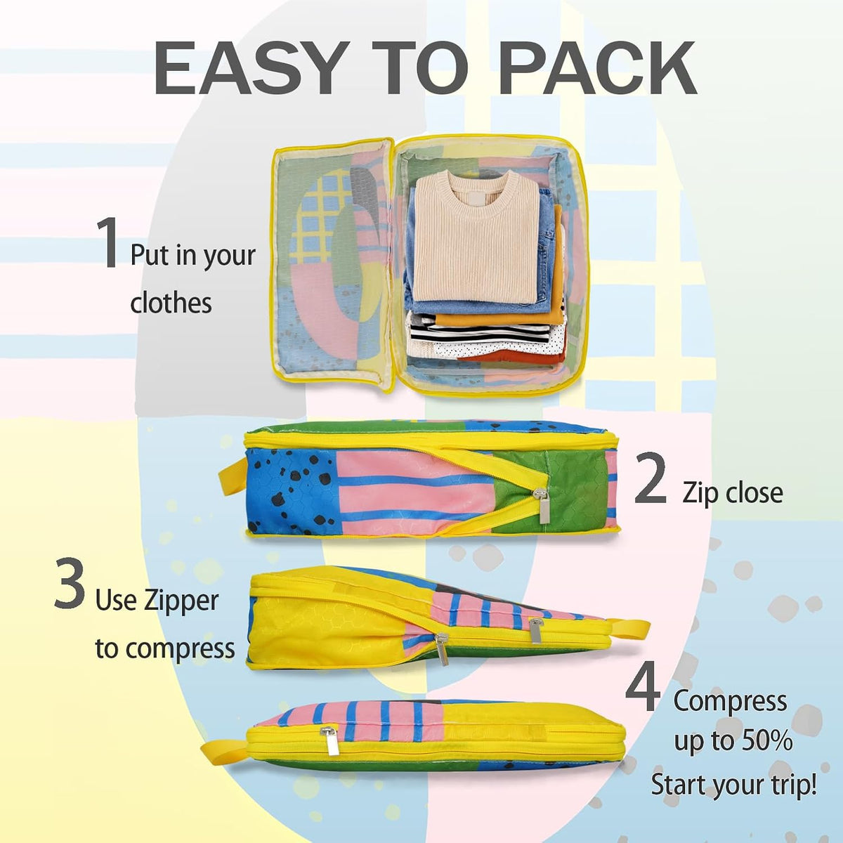 6 Pcs Compression Packing Cubes for Travel, Waterproof Luggage Organizer Washable Storage Bags Set - Packaging Cubes for Backpack Travel and Carry-Ons