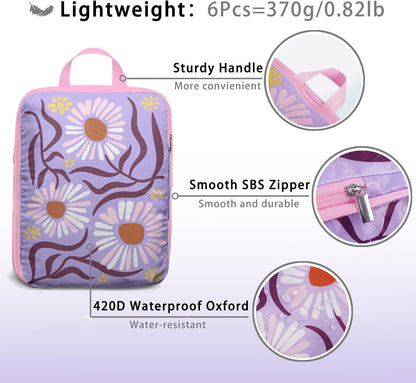 6 Pcs Compression Packing Cubes for Travel, Waterproof Luggage Organizer Washable Storage Bags Set - Packaging Cubes for Backpack Travel and Carry-Ons