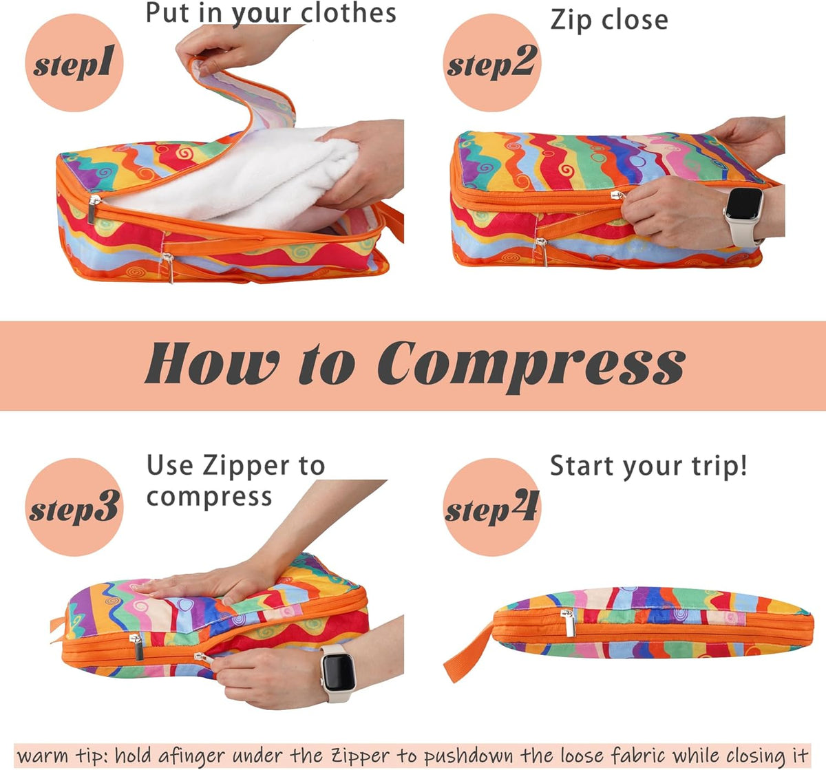 6 Pcs Compression Packing Cubes for Travel, Waterproof Luggage Organizer Washable Storage Bags Set - Packaging Cubes for Backpack Travel and Carry-Ons