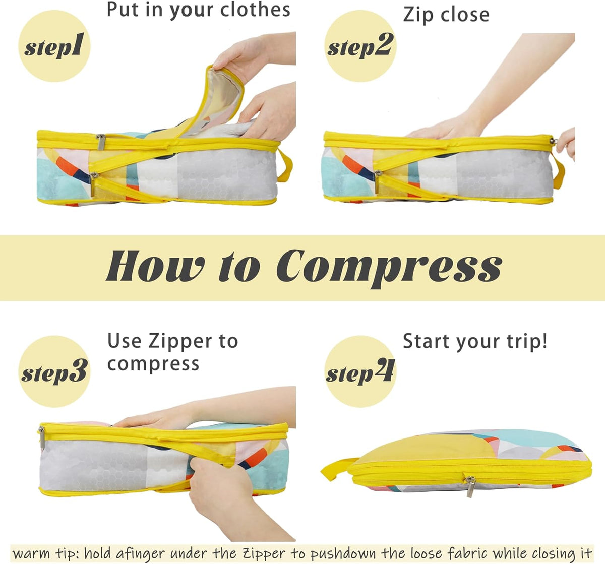 6 Pcs Compression Packing Cubes for Travel, Waterproof Luggage Organizer Washable Storage Bags Set - Packaging Cubes for Backpack Travel and Carry-Ons