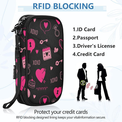 Valentines Hearts Hug Black Passport Holder for Travel Wallet | Water Resistant Family Travel Document Pouch Credit Card Clutch Bag for Women Men