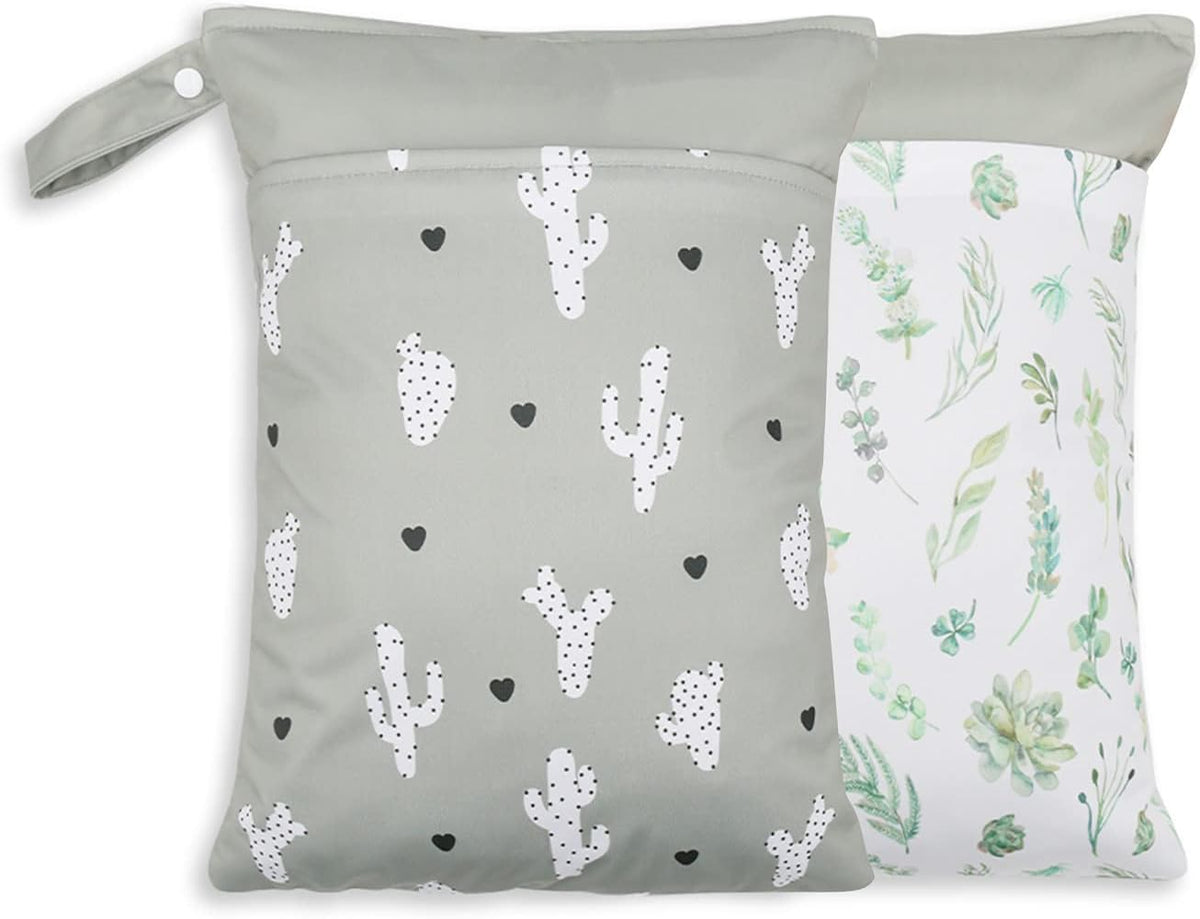 2 Pack Wet Dry Bags for Baby Cloth Diapers&Breast Pump Parts, Waterproof Reusable Wet Bag with Two Zippered Pockets & Handle, Beach Pool Gym Bag Stroller Yoga Toiletries Daycare Organizer for Swimsuit Wet Clothes, 11.8 inch x 15.7inch