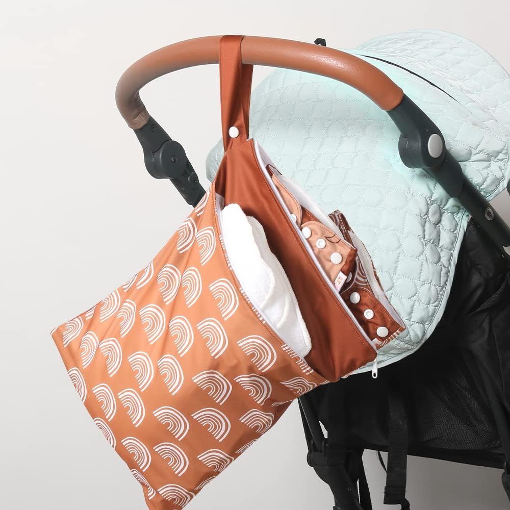 2 Pack Wet Dry Bags for Baby Cloth Diapers&Breast Pump Parts, Waterproof Reusable Wet Bag with Two Zippered Pockets & Handle, Beach Pool Gym Bag Stroller Yoga Toiletries Daycare Organizer for Swimsuit Wet Clothes, 11.8 inch x 15.7inch