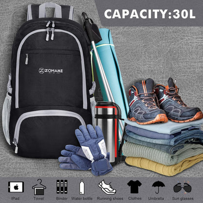 Lightweight Packable Backpack 30L, Foldable Hiking Backpacks Water Resistant Compact Folding Daypack for Travel(Light Blue)