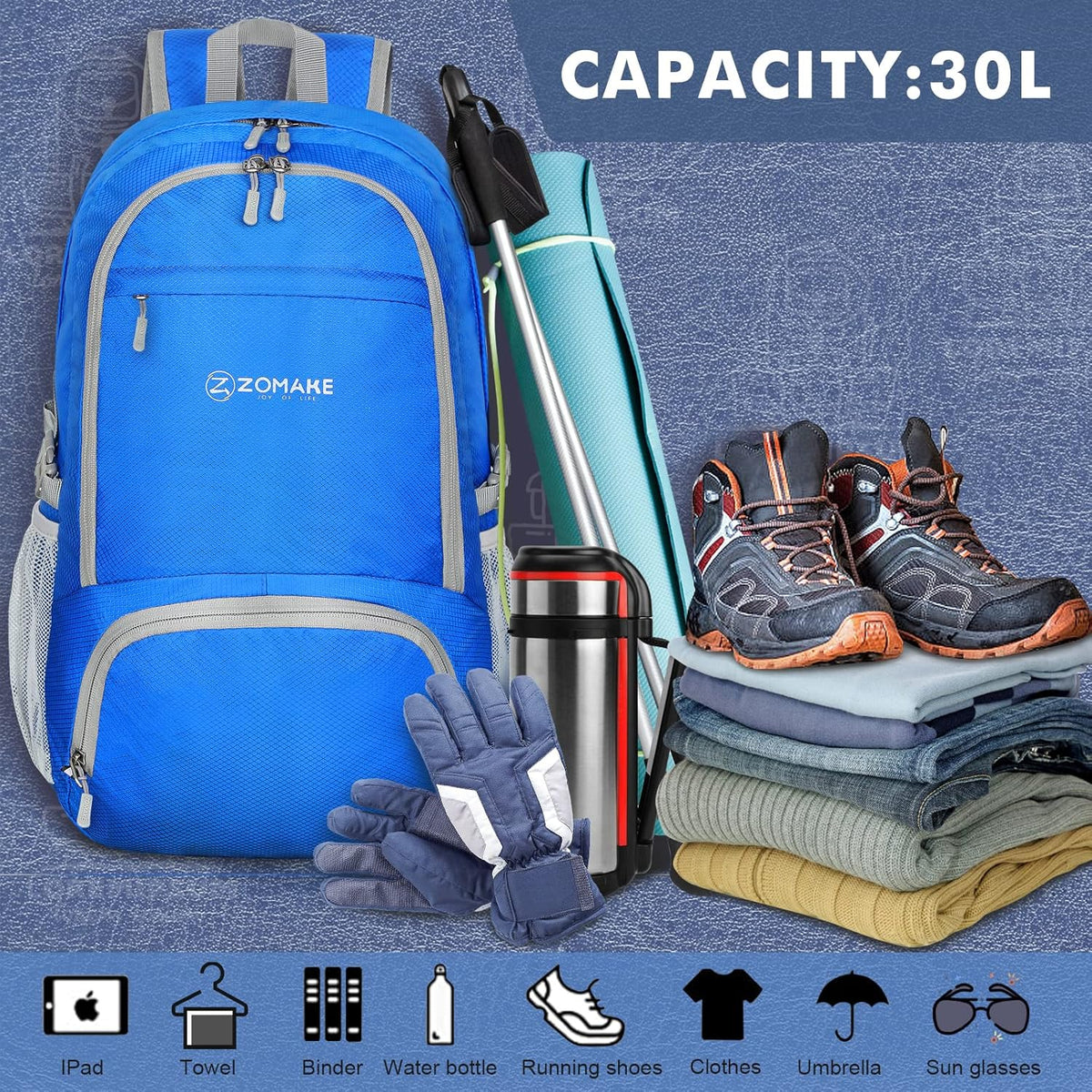 Lightweight Packable Backpack 30L, Foldable Hiking Backpacks Water Resistant Compact Folding Daypack for Travel(Light Blue)