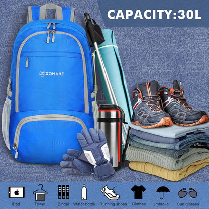 Lightweight Packable Backpack 30L, Foldable Hiking Backpacks Water Resistant Compact Folding Daypack for Travel(Light Blue)