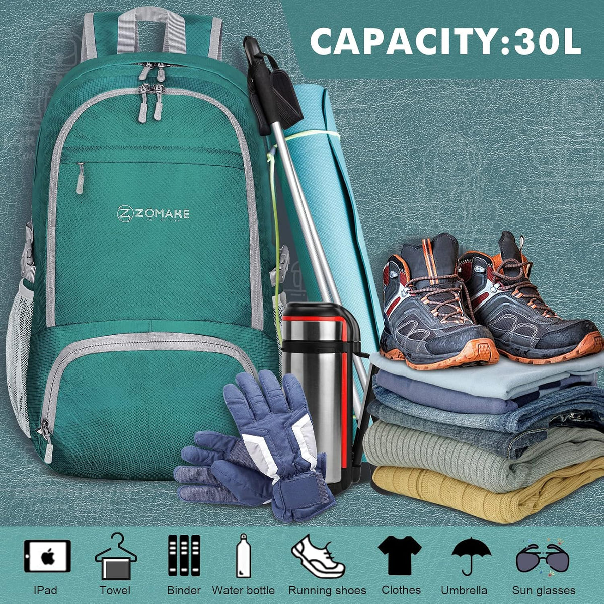 Lightweight Packable Backpack 30L, Foldable Hiking Backpacks Water Resistant Compact Folding Daypack for Travel(Light Blue)