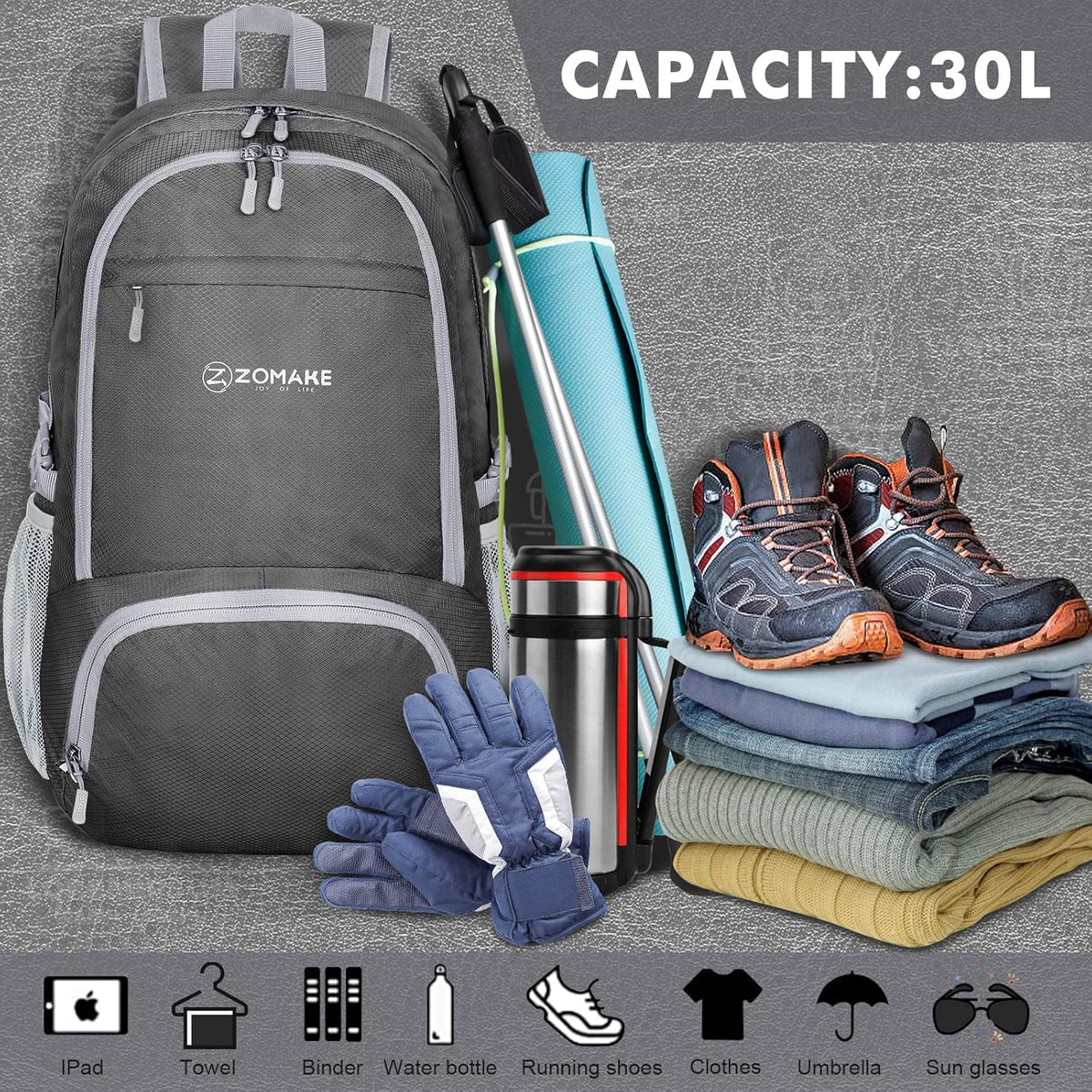 Lightweight Packable Backpack 30L, Foldable Hiking Backpacks Water Resistant Compact Folding Daypack for Travel(Light Blue)