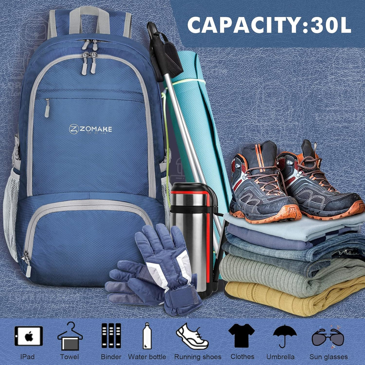 Lightweight Packable Backpack 30L, Foldable Hiking Backpacks Water Resistant Compact Folding Daypack for Travel(Light Blue)