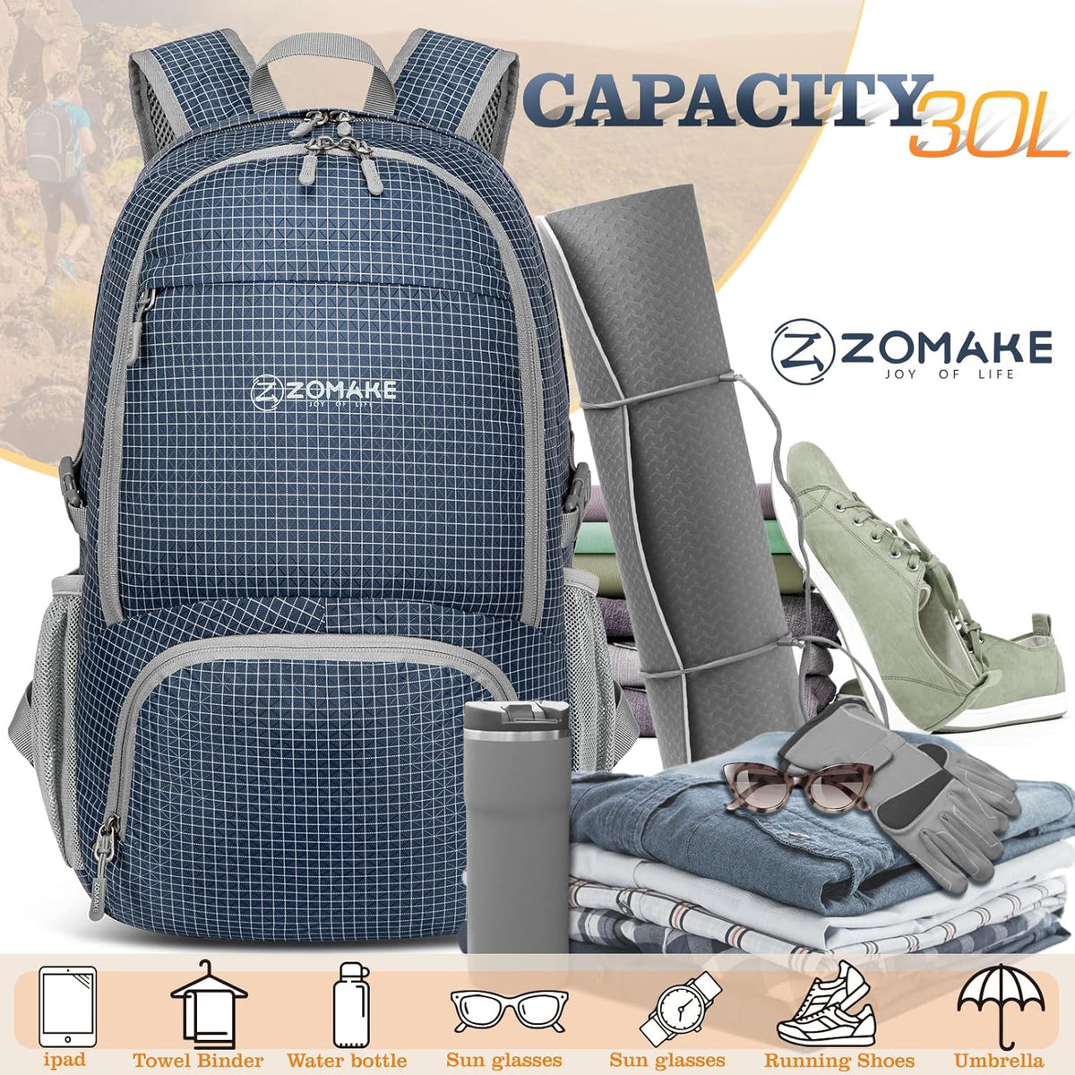 Lightweight Packable Backpack 30L, Foldable Hiking Backpacks Water Resistant Compact Folding Daypack for Travel(Light Blue)