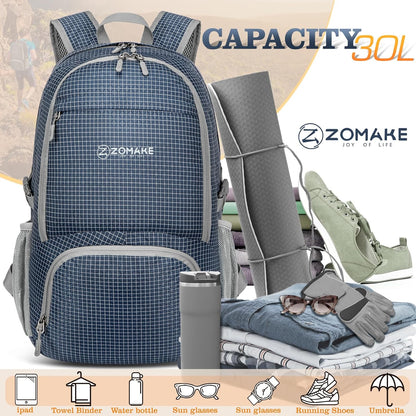 Lightweight Packable Backpack 30L, Foldable Hiking Backpacks Water Resistant Compact Folding Daypack for Travel(Light Blue)