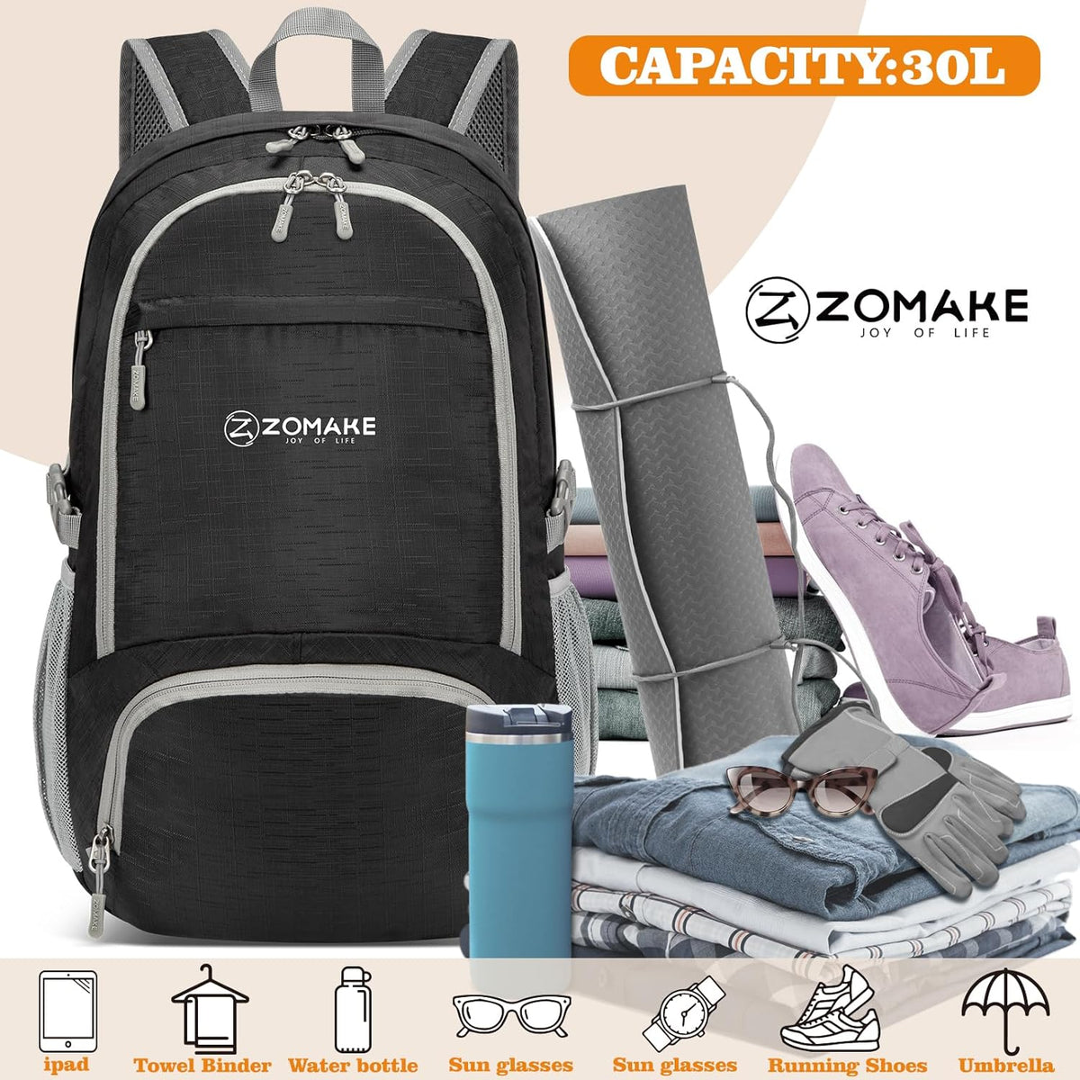 Lightweight Packable Backpack 30L, Foldable Hiking Backpacks Water Resistant Compact Folding Daypack for Travel(Light Blue)