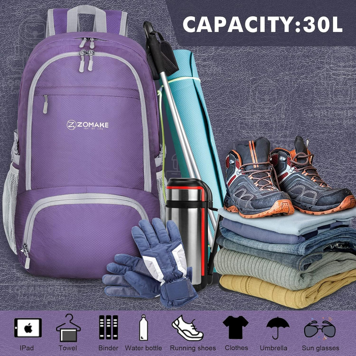 Lightweight Packable Backpack 30L, Foldable Hiking Backpacks Water Resistant Compact Folding Daypack for Travel(Light Blue)