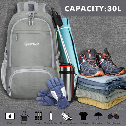 Lightweight Packable Backpack 30L, Foldable Hiking Backpacks Water Resistant Compact Folding Daypack for Travel(Light Blue)
