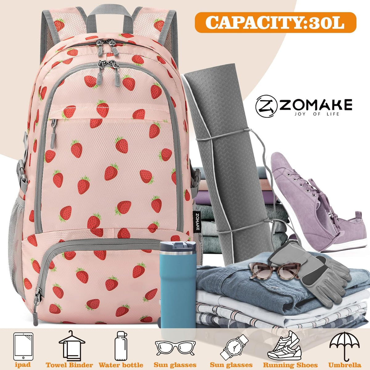 Lightweight Packable Backpack 30L, Foldable Hiking Backpacks Water Resistant Compact Folding Daypack for Travel(Light Blue)