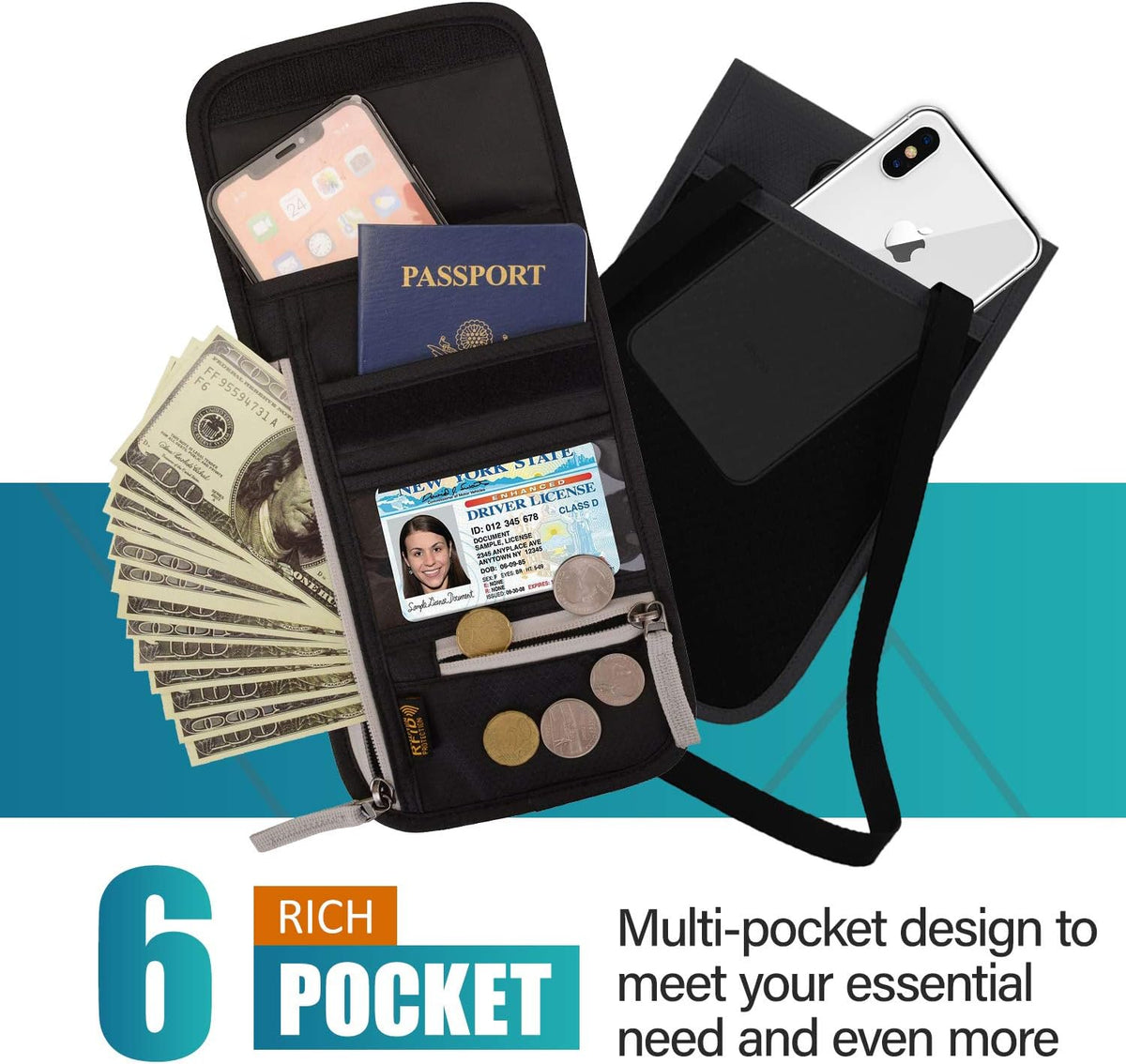 RFID Blocking Travel Neck Wallet for Men Women Family Passport Holder Lanyard Neck Pouch Slim Travel Document Holder