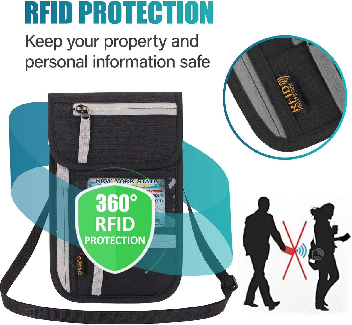 RFID Blocking Travel Neck Wallet for Men Women Family Passport Holder Lanyard Neck Pouch Slim Travel Document Holder