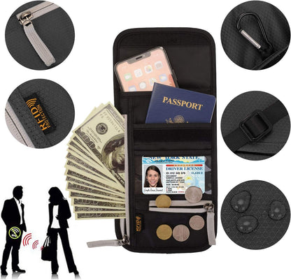RFID Blocking Travel Neck Wallet for Men Women Family Passport Holder Lanyard Neck Pouch Slim Travel Document Holder