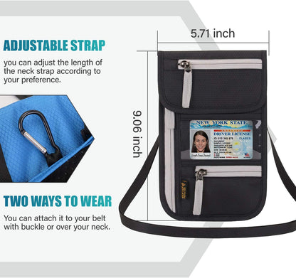 RFID Blocking Travel Neck Wallet for Men Women Family Passport Holder Lanyard Neck Pouch Slim Travel Document Holder