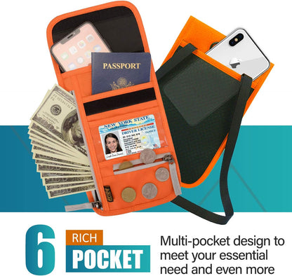 RFID Blocking Travel Neck Wallet for Men Women Family Passport Holder Lanyard Neck Pouch Slim Travel Document Holder