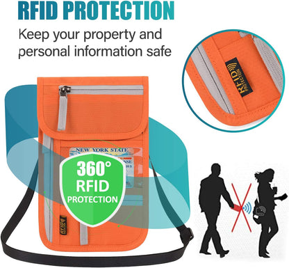 RFID Blocking Travel Neck Wallet for Men Women Family Passport Holder Lanyard Neck Pouch Slim Travel Document Holder