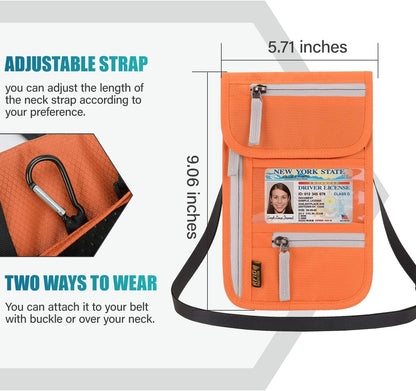 RFID Blocking Travel Neck Wallet for Men Women Family Passport Holder Lanyard Neck Pouch Slim Travel Document Holder