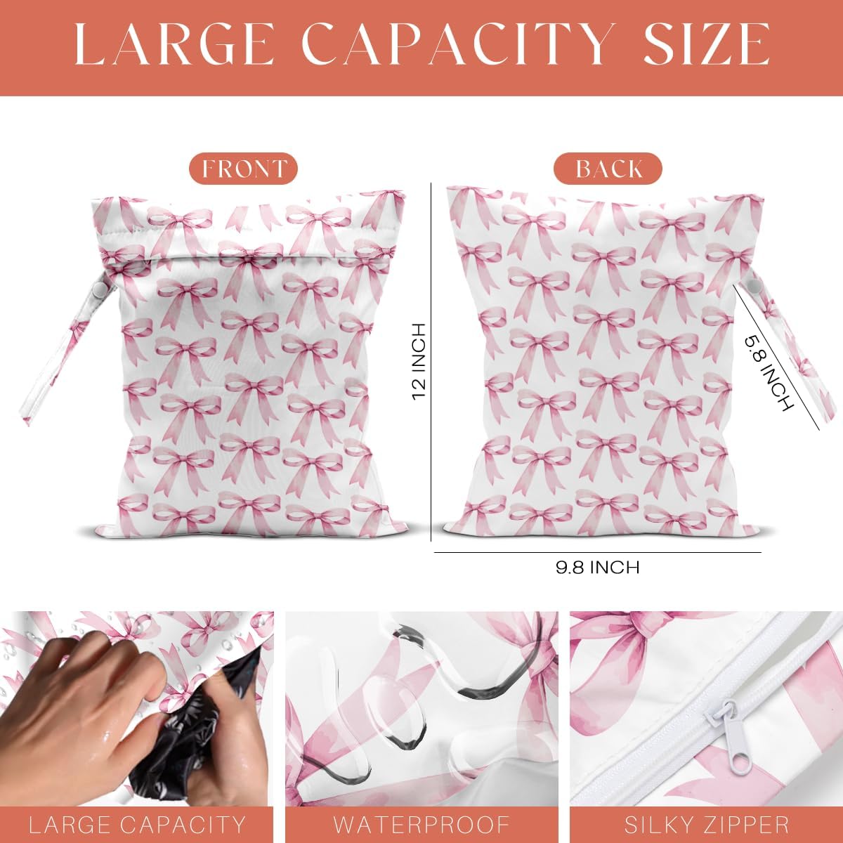 4 Pack Cute Pink Blue Bow Watercolor Leopard Bow Wet Bag Waterproof Reusable Wet Dry Bag for Swimsuit Dirty Clothes Diaper Beach Pool Gym Party Camping Toiletries Gift for Women Mom Birthday Christmas