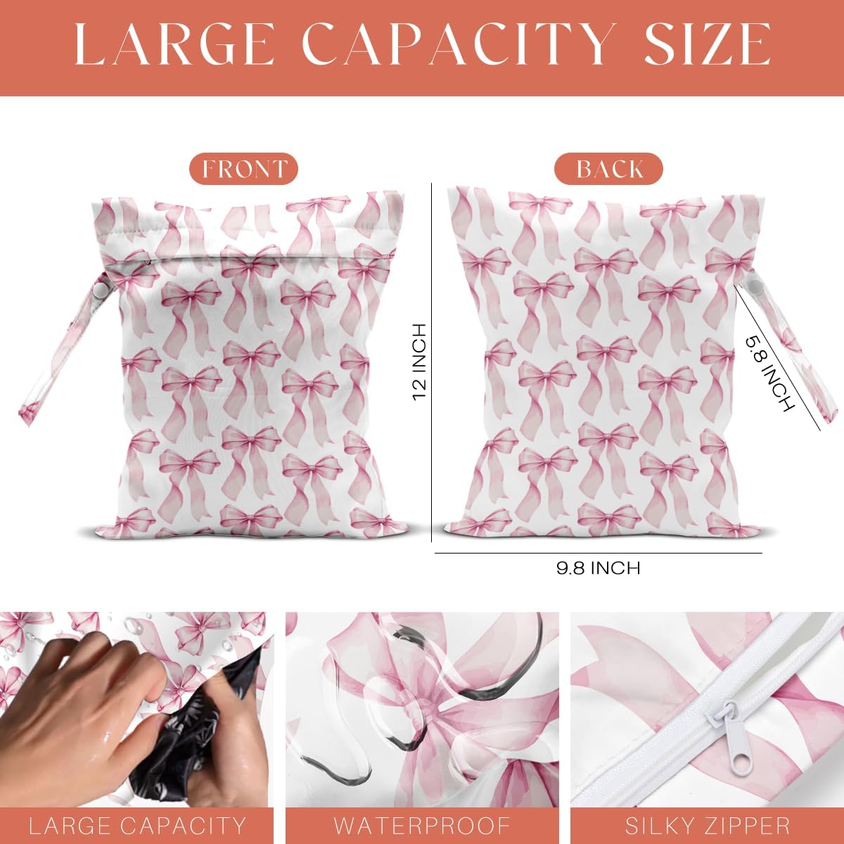 4 Pack Cute Pink Blue Bow Watercolor Leopard Bow Wet Bag Waterproof Reusable Wet Dry Bag for Swimsuit Dirty Clothes Diaper Beach Pool Gym Party Camping Toiletries Gift for Women Mom Birthday Christmas
