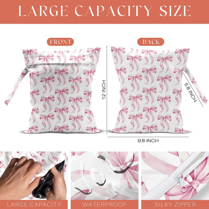 4 Pack Cute Pink Blue Bow Watercolor Leopard Bow Wet Bag Waterproof Reusable Wet Dry Bag for Swimsuit Dirty Clothes Diaper Beach Pool Gym Party Camping Toiletries Gift for Women Mom Birthday Christmas