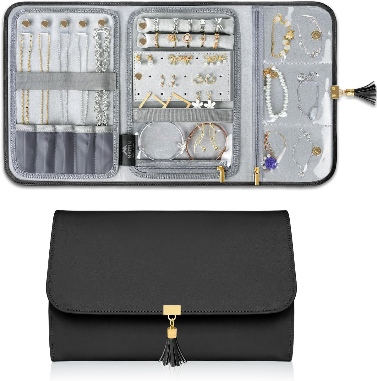 Jewelry Travel Organizer for Women, Tangle Free Portable Leather Jewelry Storage Roll Bag Envelope Clutch, Waterproof Lightweight Jewelry Case Holder for Necklaces, Rings, Earrings, Bracelets