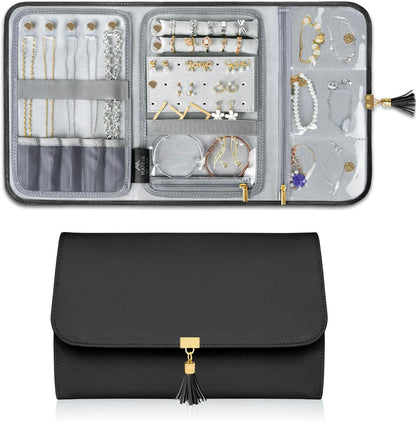 Jewelry Travel Organizer for Women, Tangle Free Portable Leather Jewelry Storage Roll Bag Envelope Clutch, Waterproof Lightweight Jewelry Case Holder for Necklaces, Rings, Earrings, Bracelets