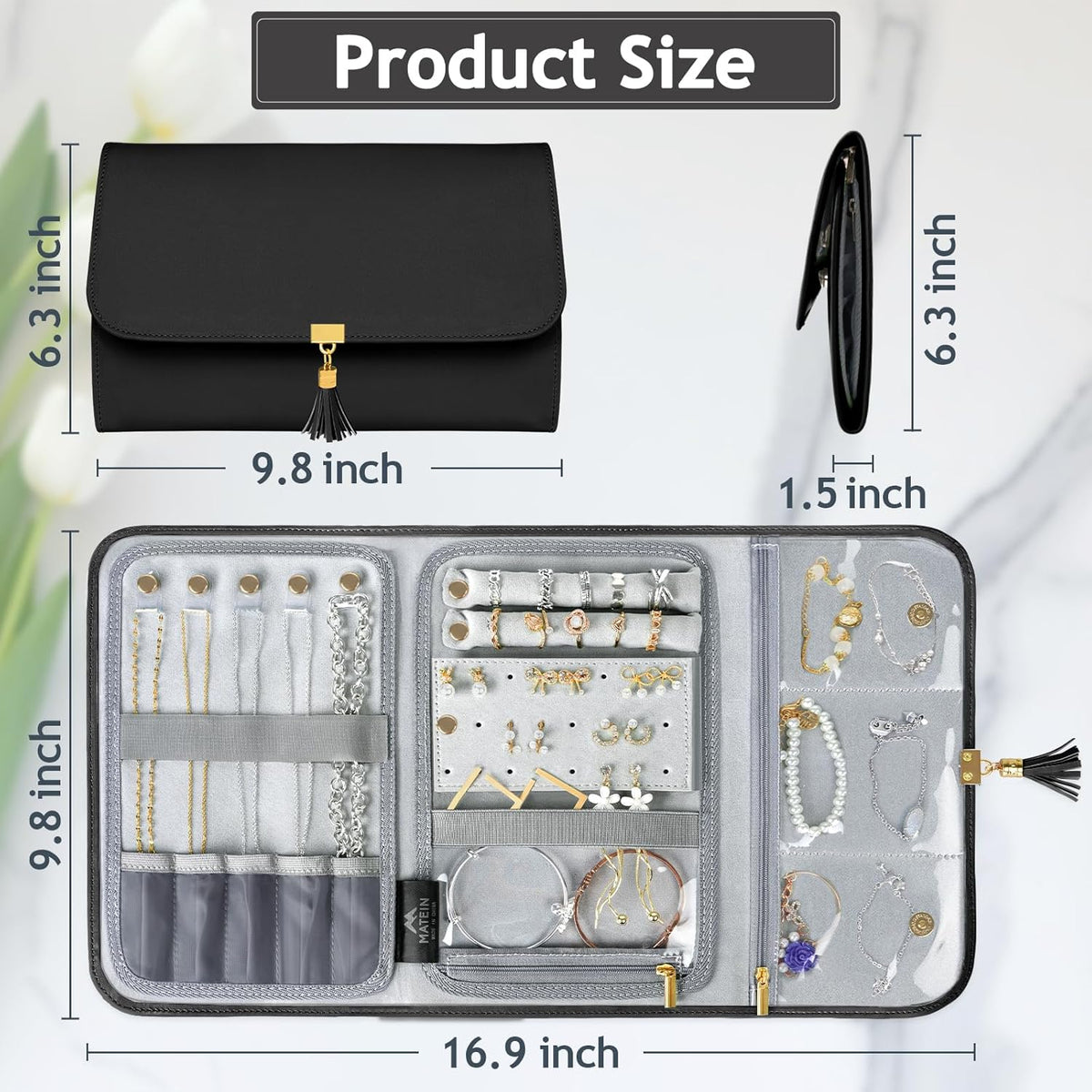 Jewelry Travel Organizer for Women, Tangle Free Portable Leather Jewelry Storage Roll Bag Envelope Clutch, Waterproof Lightweight Jewelry Case Holder for Necklaces, Rings, Earrings, Bracelets