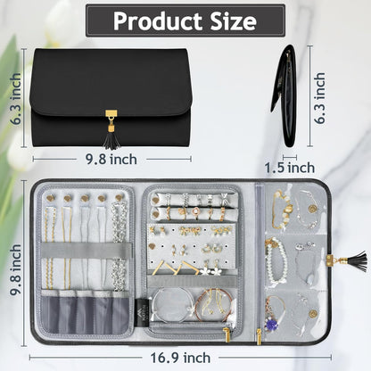 Jewelry Travel Organizer for Women, Tangle Free Portable Leather Jewelry Storage Roll Bag Envelope Clutch, Waterproof Lightweight Jewelry Case Holder for Necklaces, Rings, Earrings, Bracelets