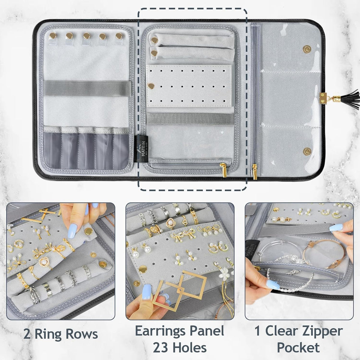 Jewelry Travel Organizer for Women, Tangle Free Portable Leather Jewelry Storage Roll Bag Envelope Clutch, Waterproof Lightweight Jewelry Case Holder for Necklaces, Rings, Earrings, Bracelets
