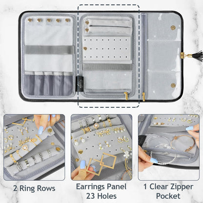 Jewelry Travel Organizer for Women, Tangle Free Portable Leather Jewelry Storage Roll Bag Envelope Clutch, Waterproof Lightweight Jewelry Case Holder for Necklaces, Rings, Earrings, Bracelets