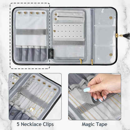 Jewelry Travel Organizer for Women, Tangle Free Portable Leather Jewelry Storage Roll Bag Envelope Clutch, Waterproof Lightweight Jewelry Case Holder for Necklaces, Rings, Earrings, Bracelets