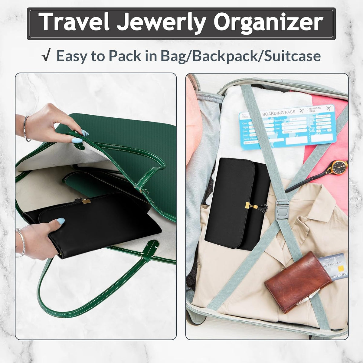 Jewelry Travel Organizer for Women, Tangle Free Portable Leather Jewelry Storage Roll Bag Envelope Clutch, Waterproof Lightweight Jewelry Case Holder for Necklaces, Rings, Earrings, Bracelets