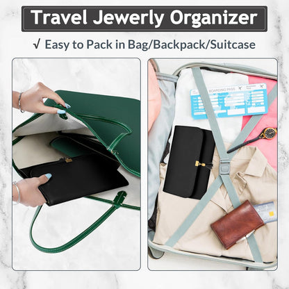 Jewelry Travel Organizer for Women, Tangle Free Portable Leather Jewelry Storage Roll Bag Envelope Clutch, Waterproof Lightweight Jewelry Case Holder for Necklaces, Rings, Earrings, Bracelets
