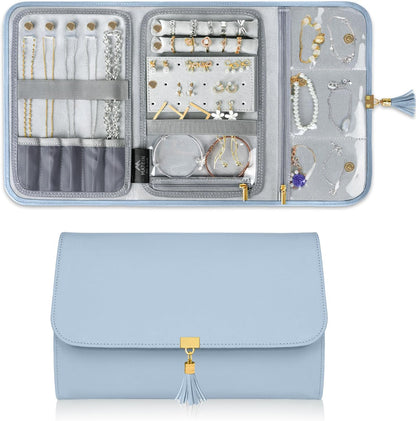 Jewelry Travel Organizer for Women, Tangle Free Portable Leather Jewelry Storage Roll Bag Envelope Clutch, Waterproof Lightweight Jewelry Case Holder for Necklaces, Rings, Earrings, Bracelets