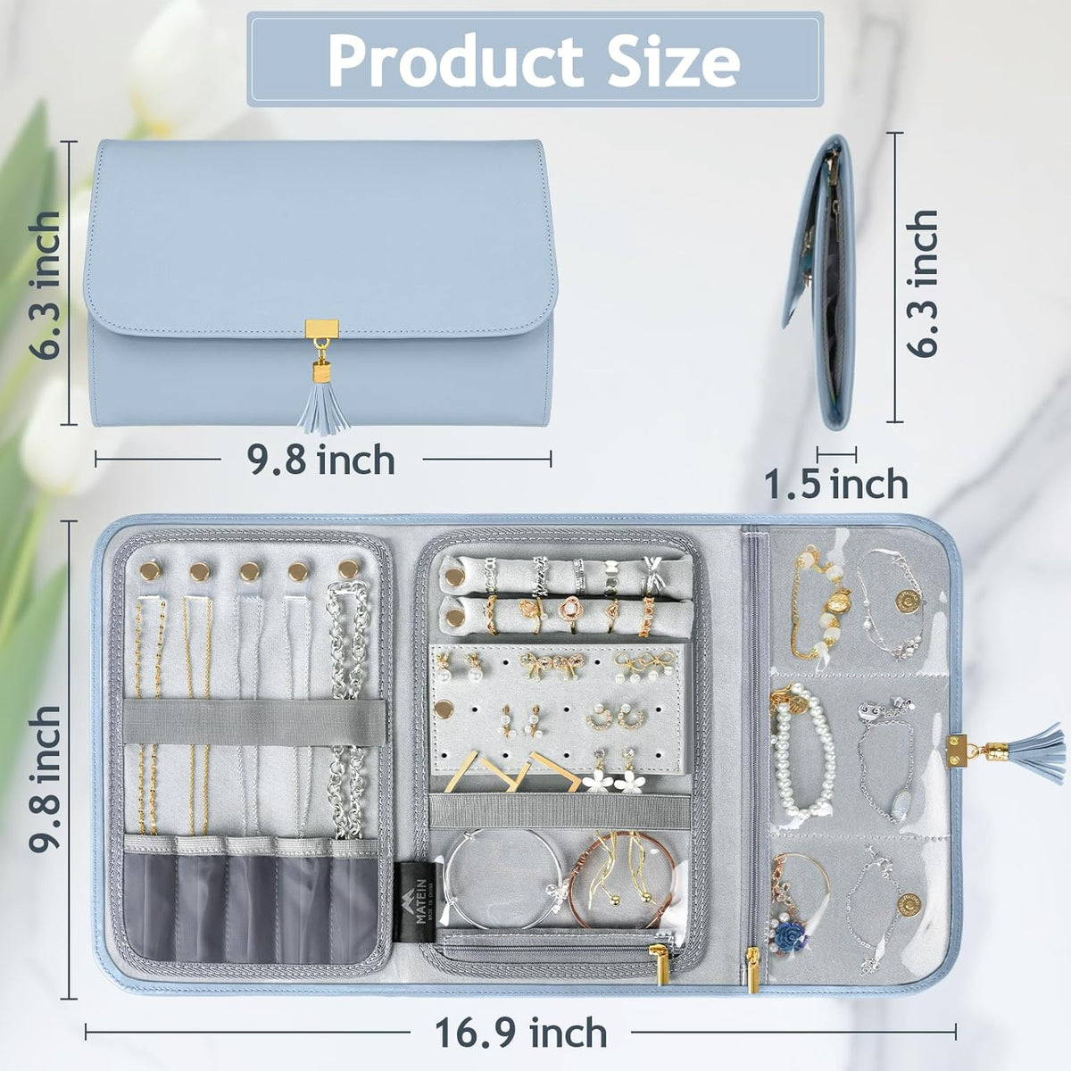 Jewelry Travel Organizer for Women, Tangle Free Portable Leather Jewelry Storage Roll Bag Envelope Clutch, Waterproof Lightweight Jewelry Case Holder for Necklaces, Rings, Earrings, Bracelets