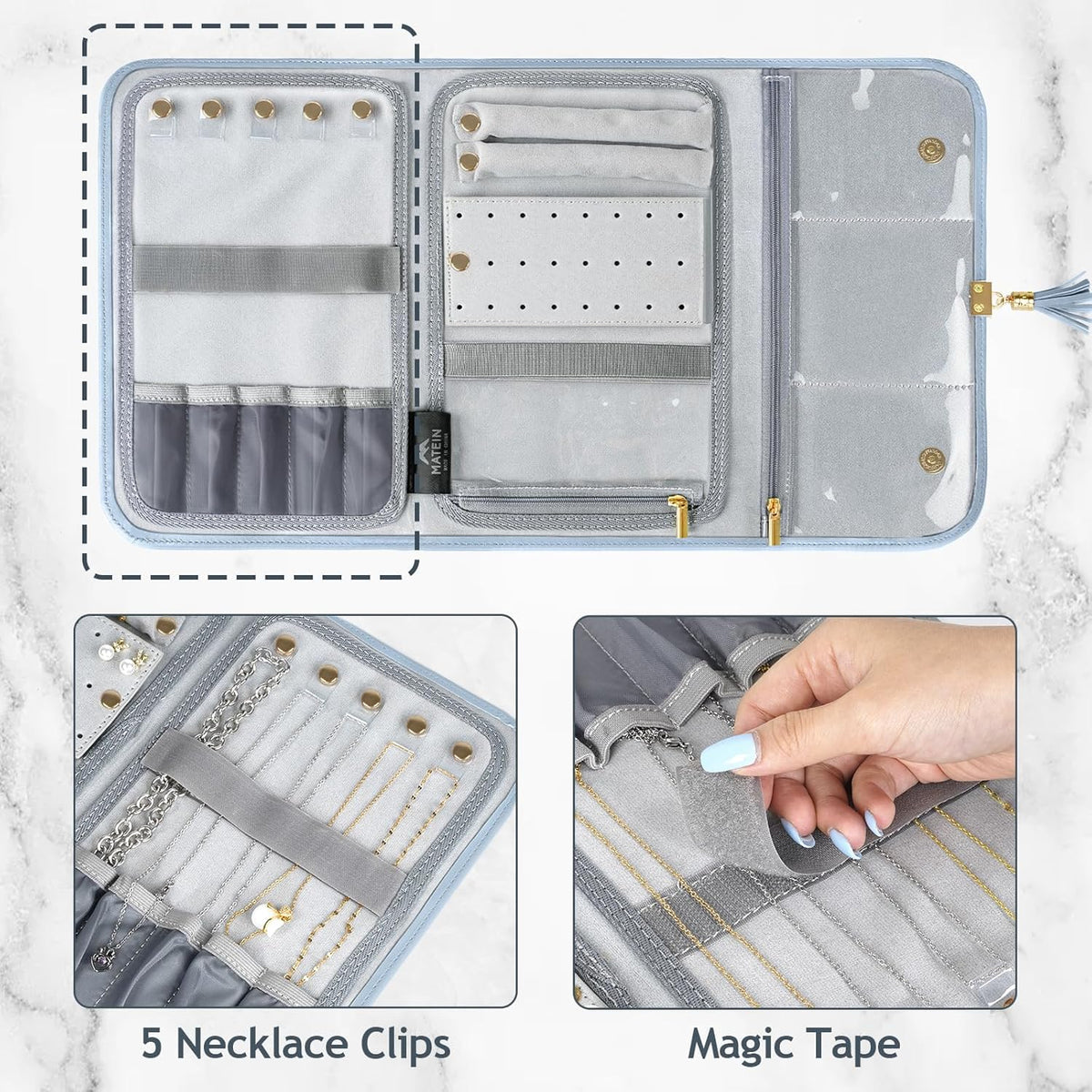 Jewelry Travel Organizer for Women, Tangle Free Portable Leather Jewelry Storage Roll Bag Envelope Clutch, Waterproof Lightweight Jewelry Case Holder for Necklaces, Rings, Earrings, Bracelets