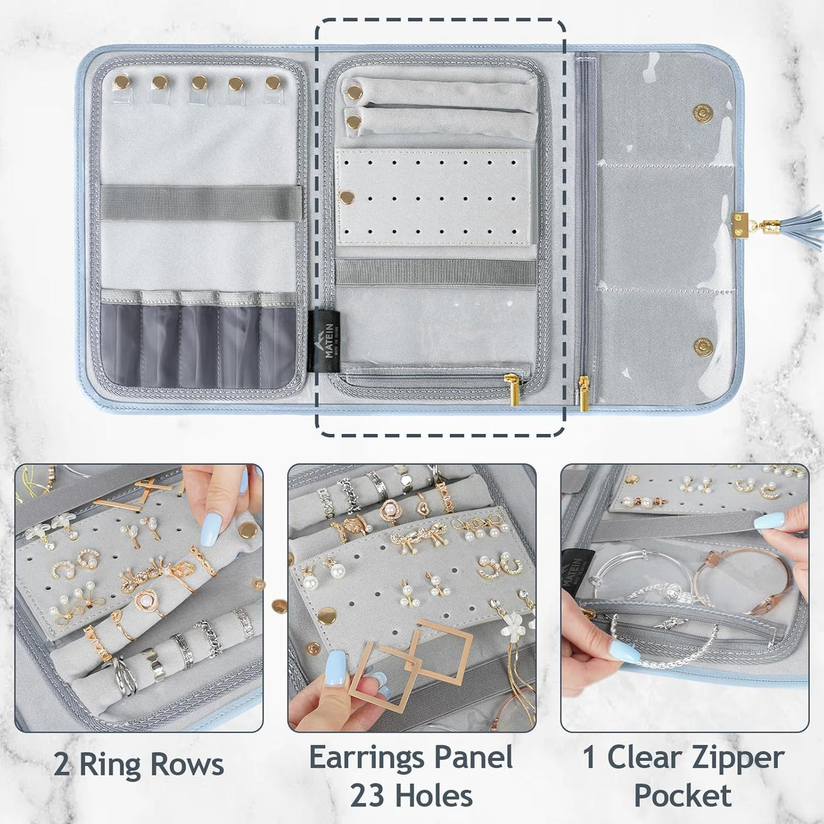 Jewelry Travel Organizer for Women, Tangle Free Portable Leather Jewelry Storage Roll Bag Envelope Clutch, Waterproof Lightweight Jewelry Case Holder for Necklaces, Rings, Earrings, Bracelets