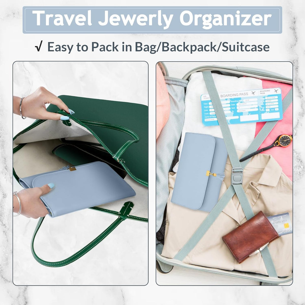 Jewelry Travel Organizer for Women, Tangle Free Portable Leather Jewelry Storage Roll Bag Envelope Clutch, Waterproof Lightweight Jewelry Case Holder for Necklaces, Rings, Earrings, Bracelets