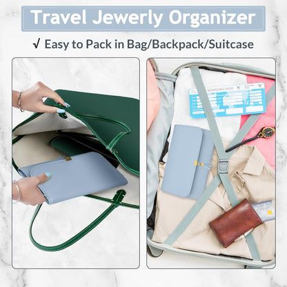 Jewelry Travel Organizer for Women, Tangle Free Portable Leather Jewelry Storage Roll Bag Envelope Clutch, Waterproof Lightweight Jewelry Case Holder for Necklaces, Rings, Earrings, Bracelets